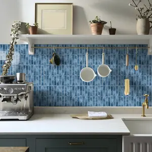 16/8pcs Vintage Blue Ripple Mosaic Peel and Stick Tiles, Waterproof Self Adhesive Subway Backsplash Stickers for Kitchen Bathroom Wall Decor