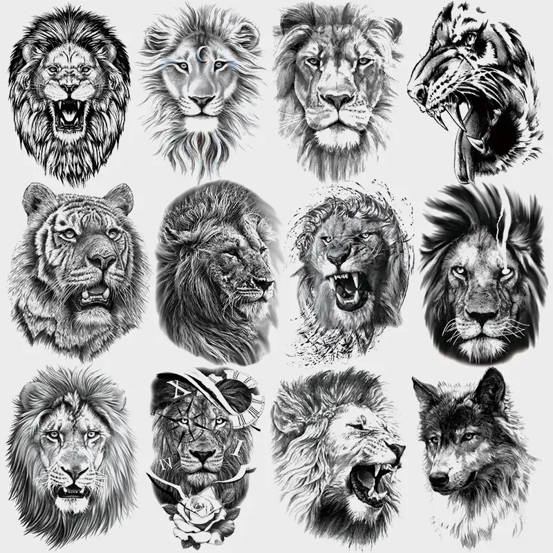 12 Temporary Tattoo Stickers, Lion Tiger Wolf Designs, Waterproof Realistic Half-Sleeve Tattoos for Adults Men Women Arms Legs, Fake Tattoos