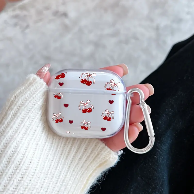 TPU Silicone Soft Protective Case for Multi-Model 1/2/3/4/Pro/Pro2 Earphones, Red Cherries & Butterfly Bows Pattern Transparent Cover with Keychain Attachment, Casual Headphone Accessories for Earphone Users