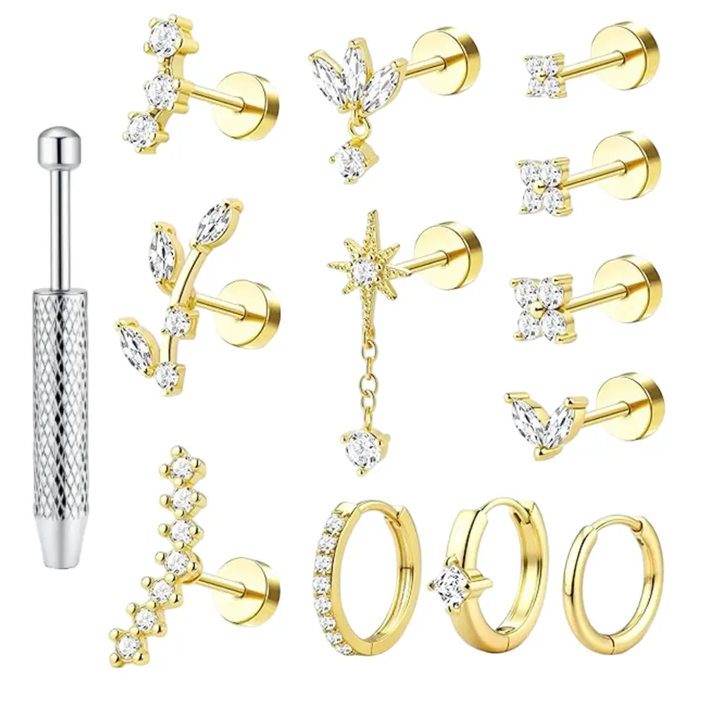 12PCS Cartilage Earrings Women Flat Back Tragus Helix Piercing Jewelry 16G | Hypoallergenic Surgical Steel Gold Plated Flatback Stud Hoop Earring Stacks Daith Conch Piercing Jewelry Single PC