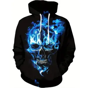 Men's Casual Hooded Sweatshirt with 3D Skull & Flame Print, Wool Pullover with Pockets, Halloween Graphic Tee for Fall Winter