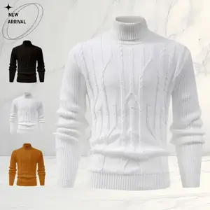 New Men's Turtleneck Cable Knit Sweater Vintage Cable Weave High Neck Design Thermal Insulation Loose Fit Layered Style Fall Winter Retro Knitwear Menswear Tops Long Sleeve cold weather comfort Casual White Knitted Tops