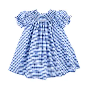 Summer Time Blue Gingham Smocked Dress - Sweet Girls Outfit in Light & Dark Blue
