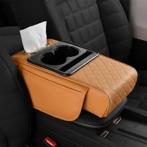2026 New Multifunctional PU Leather Car Armrest Box Mat Organizer - Multifunctional Leather Car Armrest Box, with 2 Storage Bags Cup Holder, Tissue Boxes Slot, Phone Slot for Most Cars (Orange)