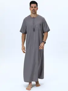 Men's Dark Round Neck Embroidered Short Sleeve Long Shirt, Loose-Fit Breathable Casual Traditional Arabic Robe, Arab Thobe, Large Size Comfortable Men's Clothing