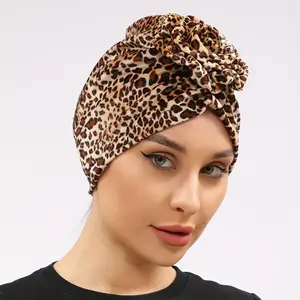 Breathable Flower Turban Bandana - Leopard Print Elastic Beanie Head Wrap Casual Hijab Hat for Women Chemo Hats