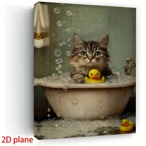 2D Flat, 1 Piece Vintage Bathtub Cat Canvas Painting - Furry Tabby Kitten with Yellow Duck and Foam, Mint Green Bathroom Wall Art, Wrapped and Framed Poster Home Decoration, New House Warming, Christmas, Birthday Gift (No Batteries/Electricity Required) -