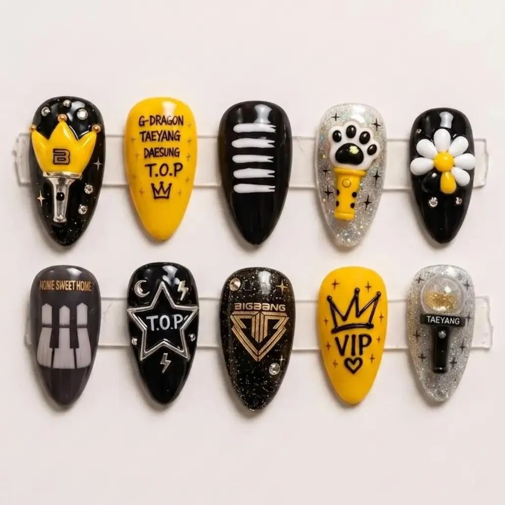 Handmade G-Dragon POWER Press On Nails, BIGBANG VIP Concert Kpop Idol Fandom Nails, 3D Lightstick Nail Art, Yellow Black Fan Nail Set