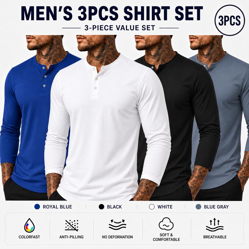 Men’s 3-pack versatile solid-color long-sleeve crewneck T-shirt undershirts with buttons—lightweight and soft, comfortable all day, breathable and quick-drying, stretchy and form-fitting/suitable for casual wear, travel, business, and sports.