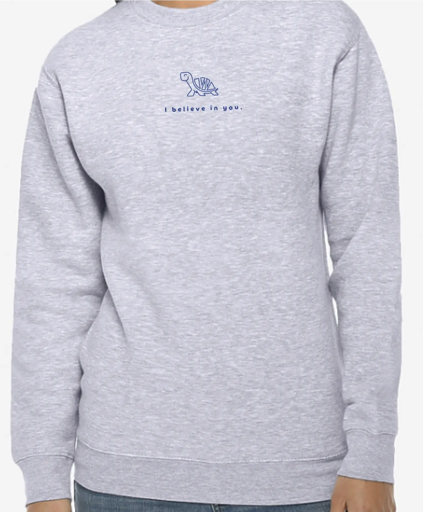 Worthy Turtle "I Believe in You" Embroidered Pullover Sweatshirt Unisex Grey Hoodie Long Sleeve Crewneck Soft Fabric Casual Wear