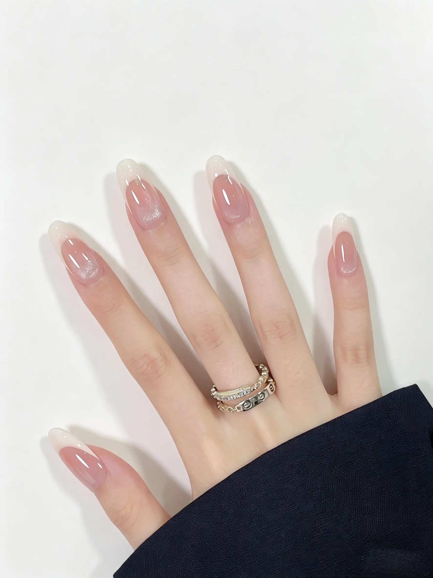 Classic French Tip Press On Nails | Nude Pink Almond Nails | Glossy Milky White Handmade Reusable 10PCS Nail Set