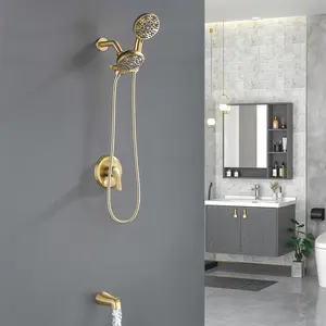 6-Spray Dual Shower System Set with Diverter Tub Spout, 2-In-1 Shower Head and Handheld Shower in Brushed Gold, Brushed Nickel, Brushed Gold