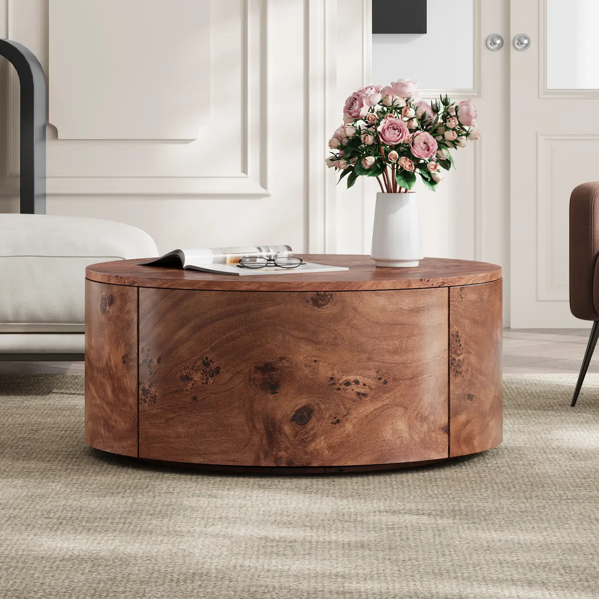 Mid Century Modern Walnut Burl Wood 360° Rotating Coffee Table - Bentwood Durable Frame & Base, 2 Drawers, 176lbs Capacity, Swirling Grain, 28.4"l x 28.4"w x 12.9"h, Assembly Required, Indoor Living Room Storage Table for Eclectic Interiors