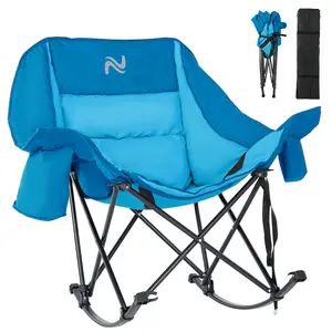 Naudacaa 400 lbs Oversized Rocking Camping Chair, Fully Padded Foldable Outdoor Recliner with Cooler Bag & Side Pocket, Portable for Camp, Patio, Backyard