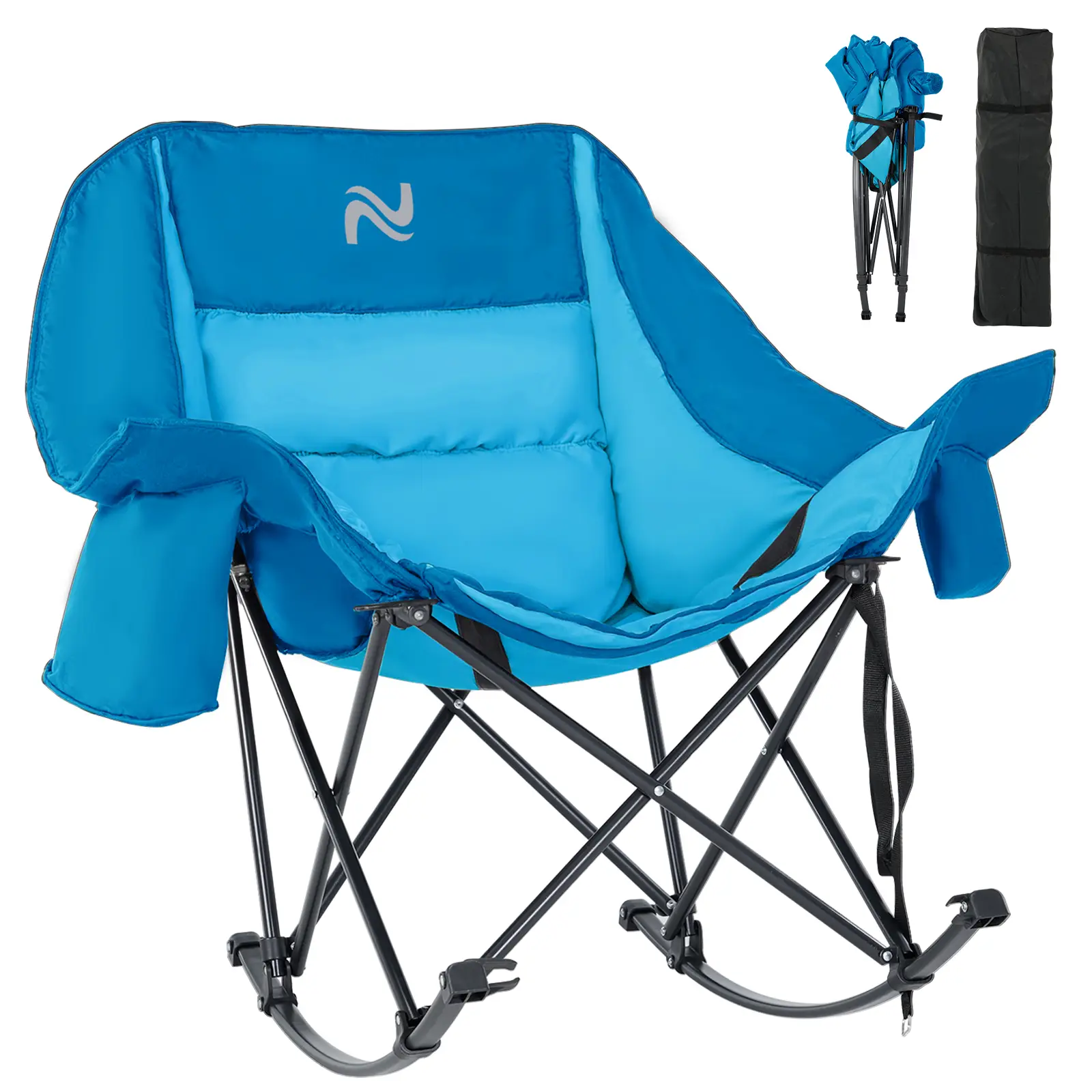 Naudacaa 400 lbs Oversized Rocking Camping Chair, Fully Padded Foldable Outdoor Recliner with Cooler Bag & Side Pocket, Portable for Camp, Patio, Back