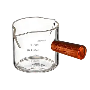 KAWASIMAYA 100ml Espresso Shot Glass with Handle, Graduated Measuring Cup for Coffee Extraction, Wooden Handle Milk Jug