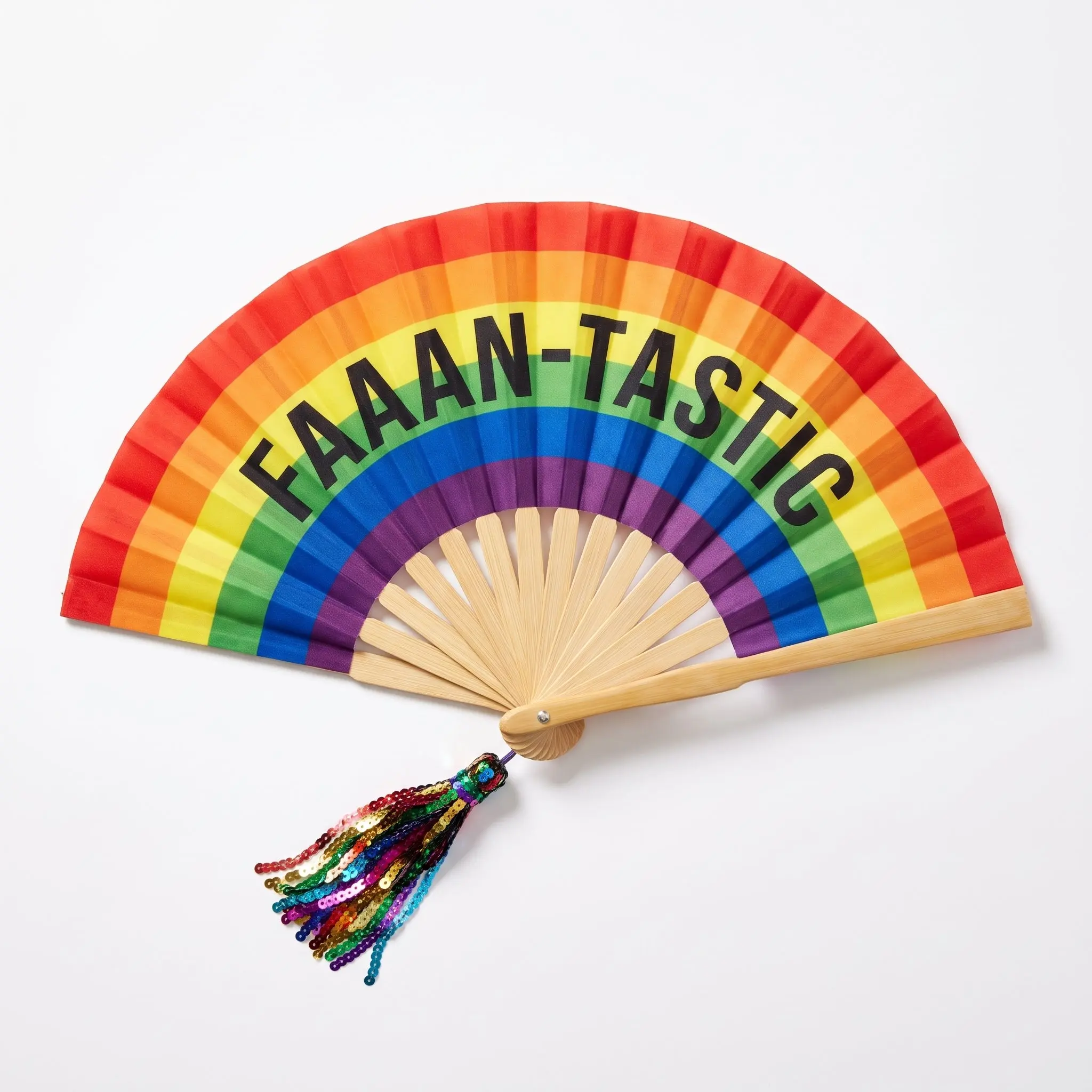 "FAAAN-TASTIC" Pride Rainbow Deluxe Fan with Sequin Tassel