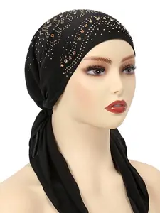 Adjustable Breathable Hijab Cap, Rhinestone Hijab Caps for Women, Turban Hat Underscarf, Stylish Headwear for Daily Use