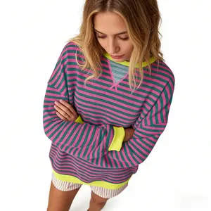 Women's Striped Oversized Sweatshirt Casual Long Sleeve Crewneck Pullover Tops Outfits Clothes Loose Hoodie