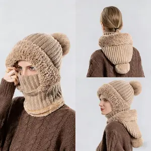 Versatile Women's Knitted Winter Hat, 3-in-1 Cold Resistant Beanie, Windproof Hooded Scarf with Face Mask for Maximum Comfort in Autumn & Winter