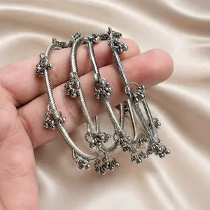 Traditional Kashmiri Ghungroo Bangles - Set of 4 Antique Silverr Metal Churi - Small Size 2.25 - Handcrafted Ethnic Wedding Jewelry - Gift for Her
