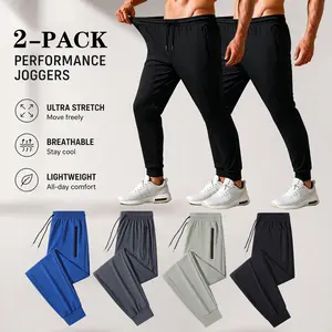 2-pack — tech athletic pants, comfortable yoga pants; elastic cuffs, zippered pockets, drawstring elastic waistband; ice silk fabric, highly stretchy and stretchable, lightweight and quick-drying; unisex, couples’ style.
