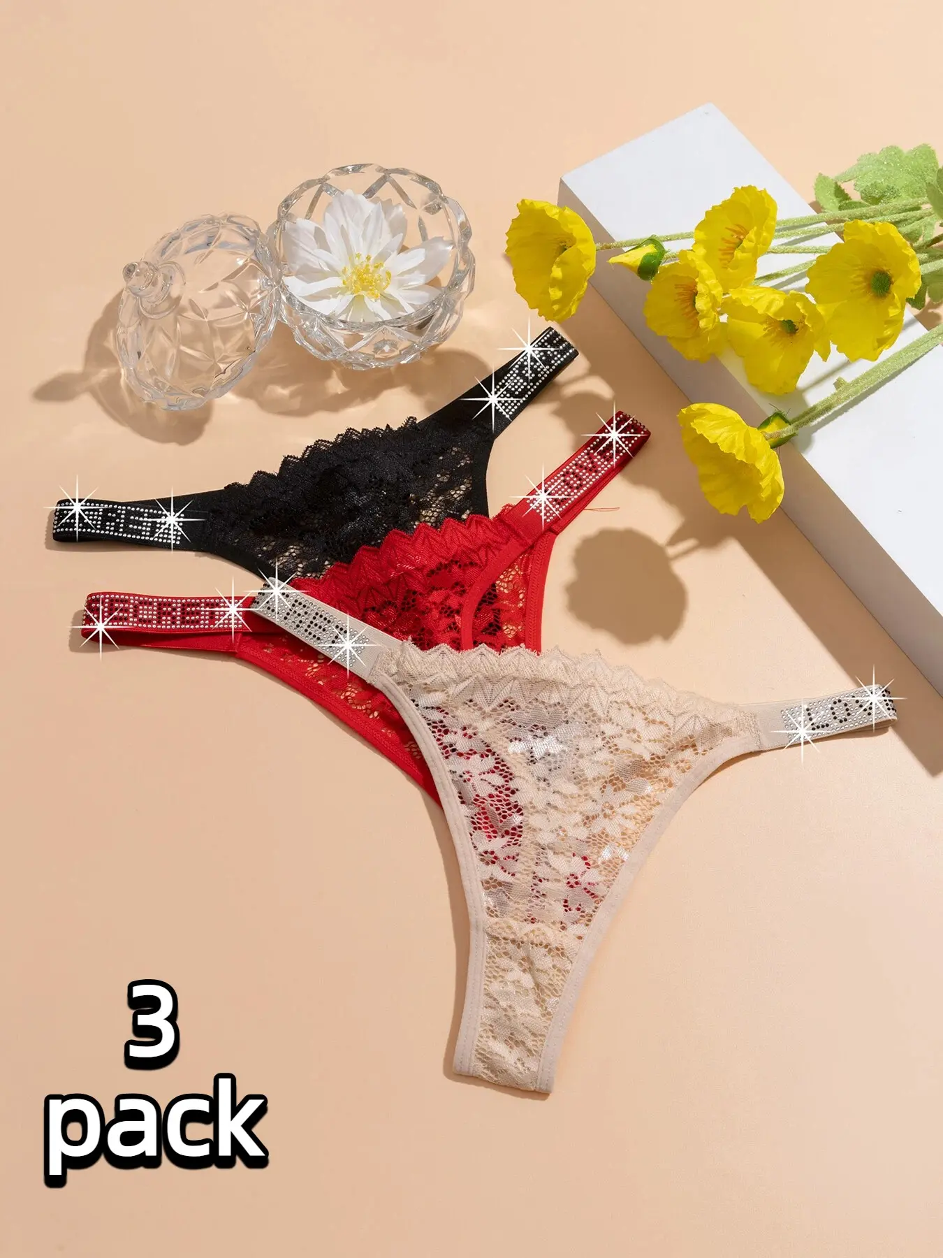 Sexy Floral Lace Women's Low Waist Thong Panties, Rhinestone Letter Belt Design, Fashion Plain Sweet Sexy Underwear, 3 Pcs Set, All Seasons