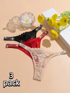Sexy Floral Lace Women's Low Waist Thong, Rhinestone Letter Belt Design, Fashion Plain Sweet Sexy Lingerie Underwear, Intimates Panties, 3 Pcs Set, All Seasons