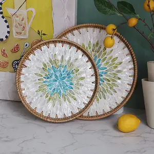 Handmade Rattan Woven Shell Tray Round Storage Basket for Living Room Kitchen Tabletop Fruit Bread Tea Organizer Decorative