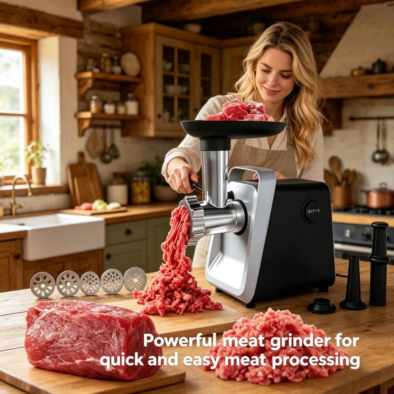 Electric meat grinder, stainless steel meat grinder with 2 blades, sausage tube, and Kubbe kit, 2800W suitable for home kitchen use with US standard plug
