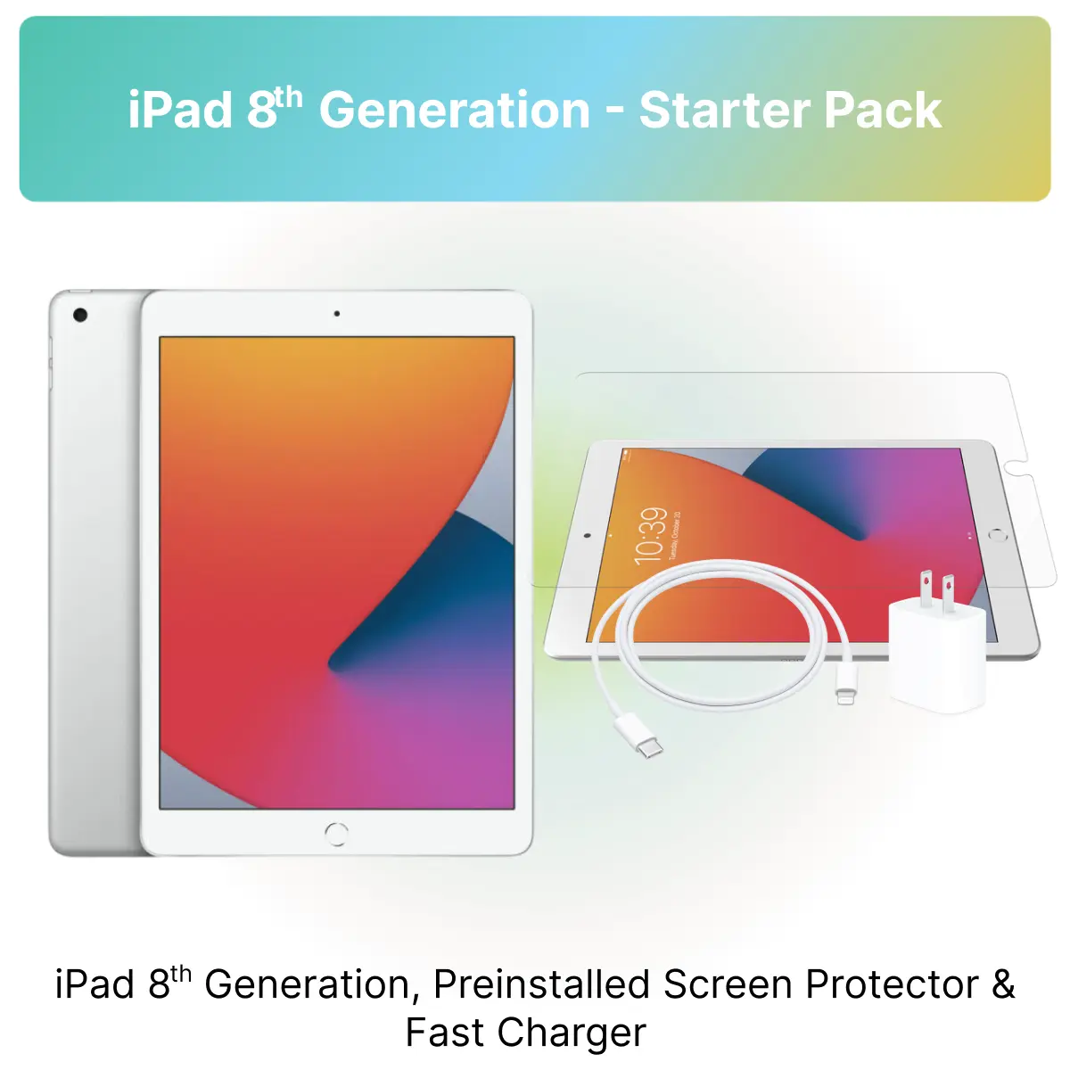 Refurbished iPad 8th Gen - Starter Pack, Includes iPad 8th Gen, Preinstalled Screen protector, Fast Charger, and Plug 12-Month Warranty