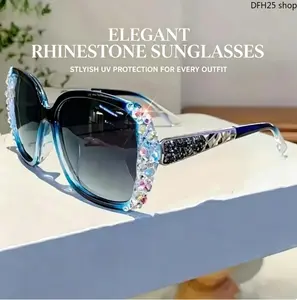 Oversized Women Polarized Sunglasses，Diamond Studded Design，Gradient Blue Light Blocking Polyamide Lenses，Natural Material Frame，Eye Protection Eyewear For Daily Wear Street Photography Outdoor Travel