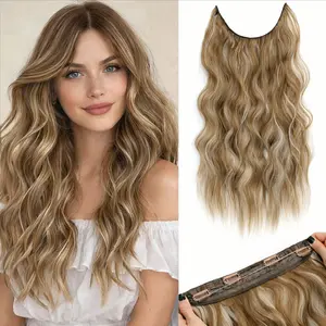 Befunny Halo Hair Extensions 22 Inch Wavy Invisible Wire Hair Extensions for american style Women, Clip in Hair Extensions with Transparent Wire Adjustable Size,Soft Full Head Synthetic hairpiece