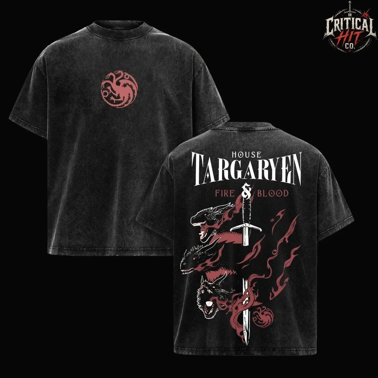 Vintage Acid Wash House Targaryen Graphic T-Shirt | Retro Fire & Blood Dragon Bootleg Tee | Targaryen Sigil Front & Three-Headed Dragon Large Back Print | Oversized Heavyweight Fantasy Streetwear Men Women Y2K Apparel 82O