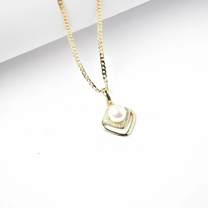Women's Graceful Pearl Pendant Necklace, Modern Classic Laminated Gold Square Frame with CZ Accents, 2mm High Polish Adjustable Chain 16-22 Inch, Blends Classic Beauty With Modern Style, Modern Gold Twist