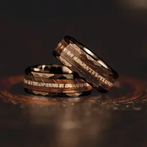 Stylish Black Hammered Ring for Men – 8mm Koa Wood Wedding Ring