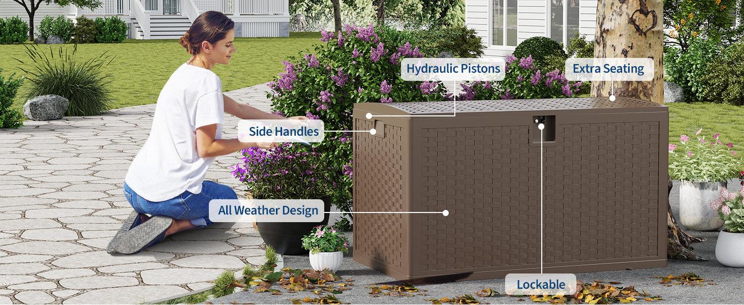 【GARVEE】120 Gallon Heavy Duty Outdoor Storage Box - Waterproof Deck Box for Patio Furniture Cushions and Garden Tools, Featuring Gas Lift Lid and Seat, All-Weather Resistant, Easy Assembly, Available in Brown and Black