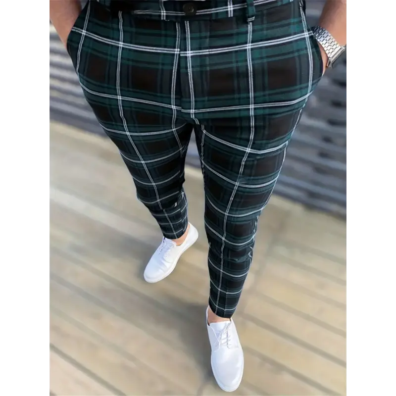 Elegant Plaid Slacks, Men's Casual Stretch Vintage Style Slightly Stretch Dress Pants