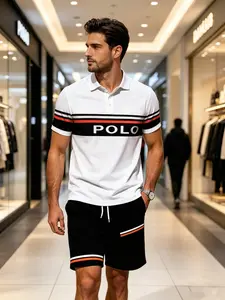 Men's Casual Polo Shirt and Shorts Set, Outfit, Letter Print, Loose-Fitting, Short Sleeve, All over Print, Two-Piece, Menswear