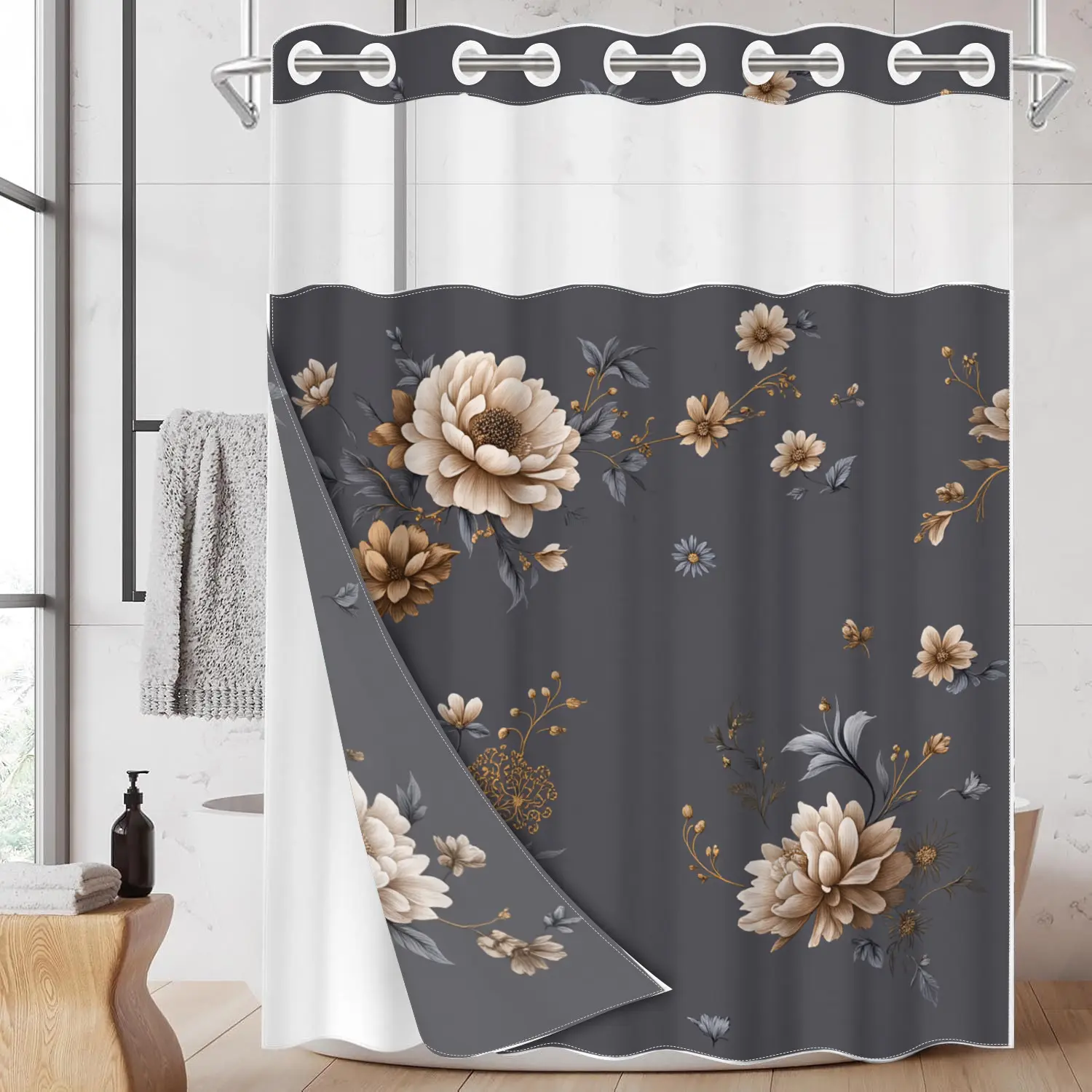 1pc hookless shower curtain with buckle lining, Flower Shower Curtain And Liner, spring gray background with beige floral design, 2D flat printing, waterproof lining, see-through double-layer, 71 x 74 inches, modern home curtain, Bathroom Curtain