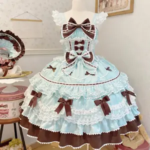 Cosplay Lolita Sweet Long Sleeve Strap Dress Harajuku Knee-Length Women Elegant Lace Bow Patchwork Japanese Ball Gown All Season