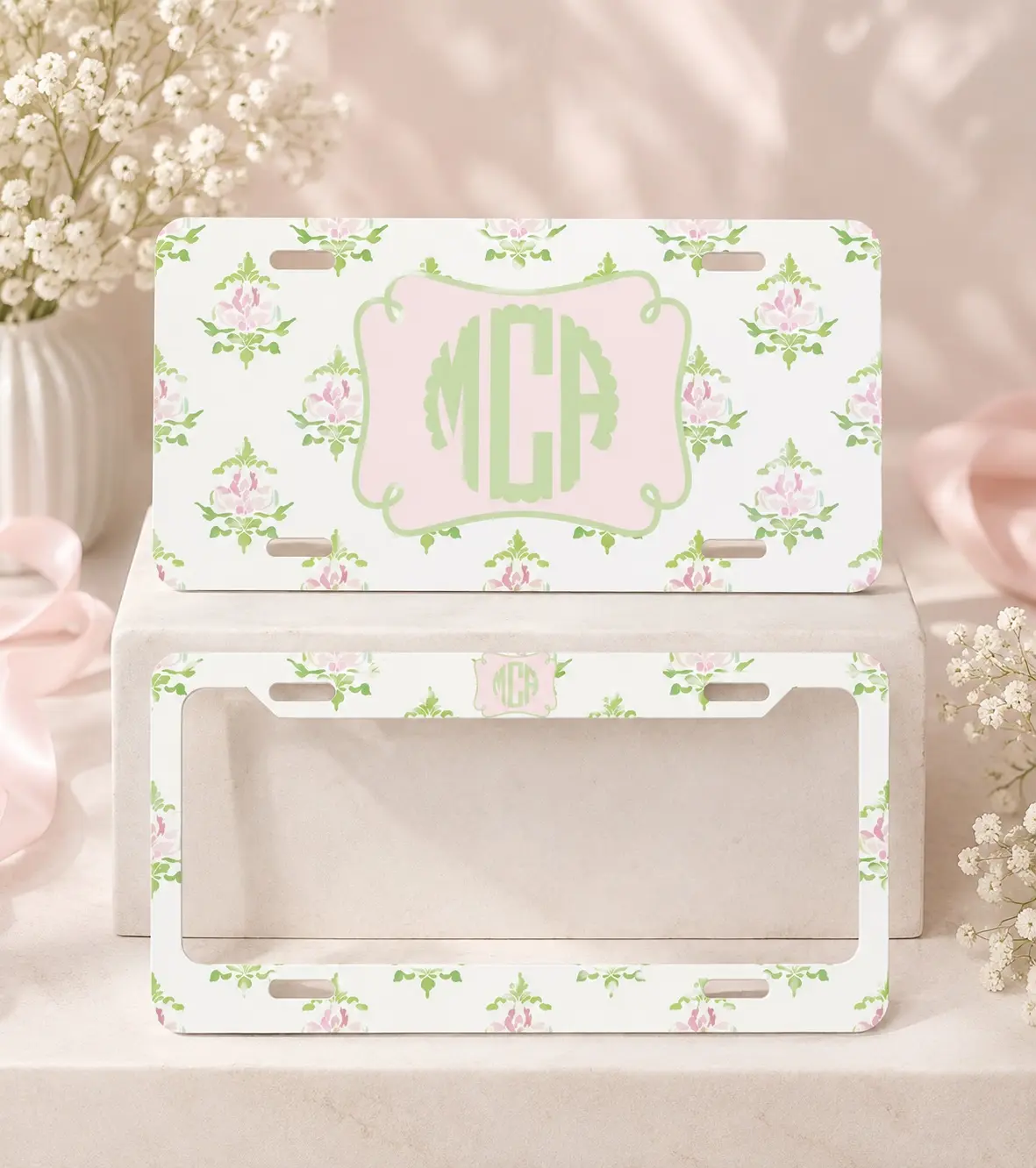Personalized Floral License Plate Frame, Pink & Green Monogram Car Plate, Cute Girly Car Accessories, Custom Nameplate