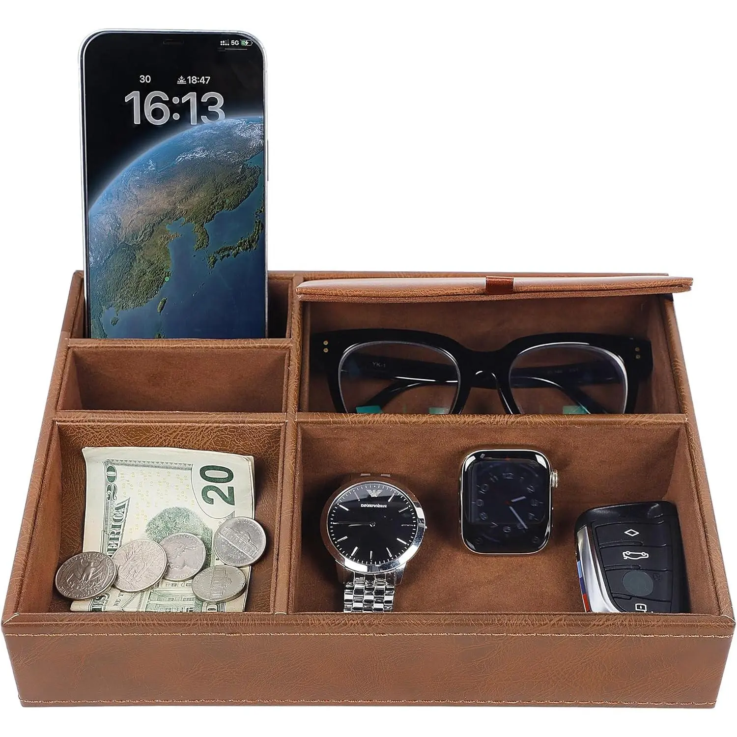 Men's Faux Leather Valet Tray - 10.2x7.5" Single Unit Compartmentalized Nightstand Organizer with 5 Compartments for Phone, Wallet, Watch, Glasses, Chic Look Dresser Entryway Catchall Holder (Brown), Organize Items, Tray Jewelry Boxes & Organizers