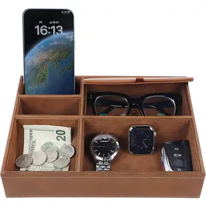 Men's Valet Tray,  Box Nightstand Organizer with 5 Compartments for Phone  Wallet Watch Glasses, Faux Leather Dresser Entryway Catchall Holder for Father's Day  (Brown)