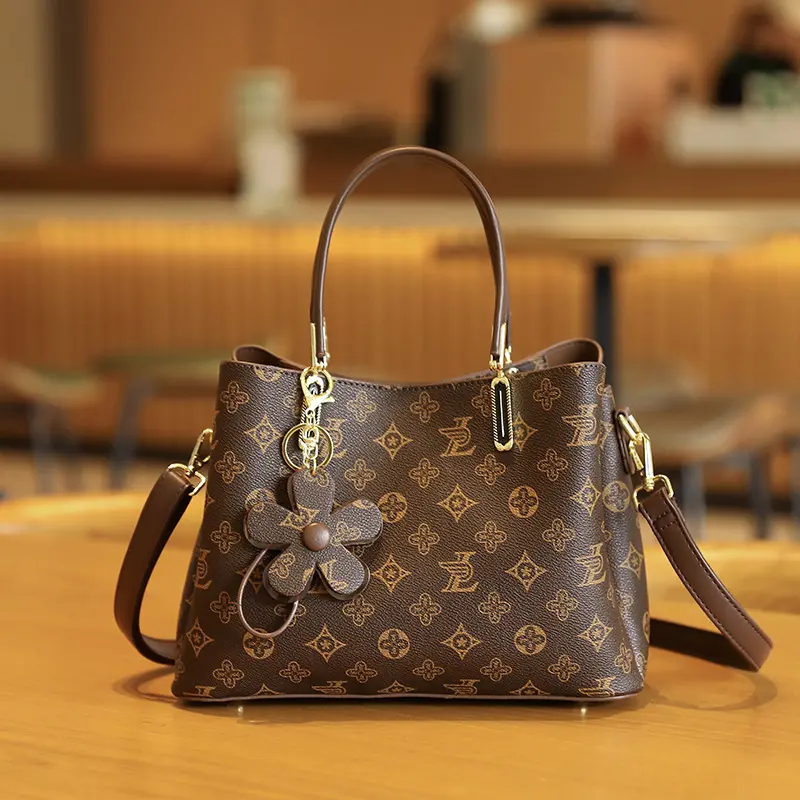 Elegant Monogram Print Women Tote Bag With Flower Charm Luxury Handbag Adjustable Crossbody Shoulder Purse