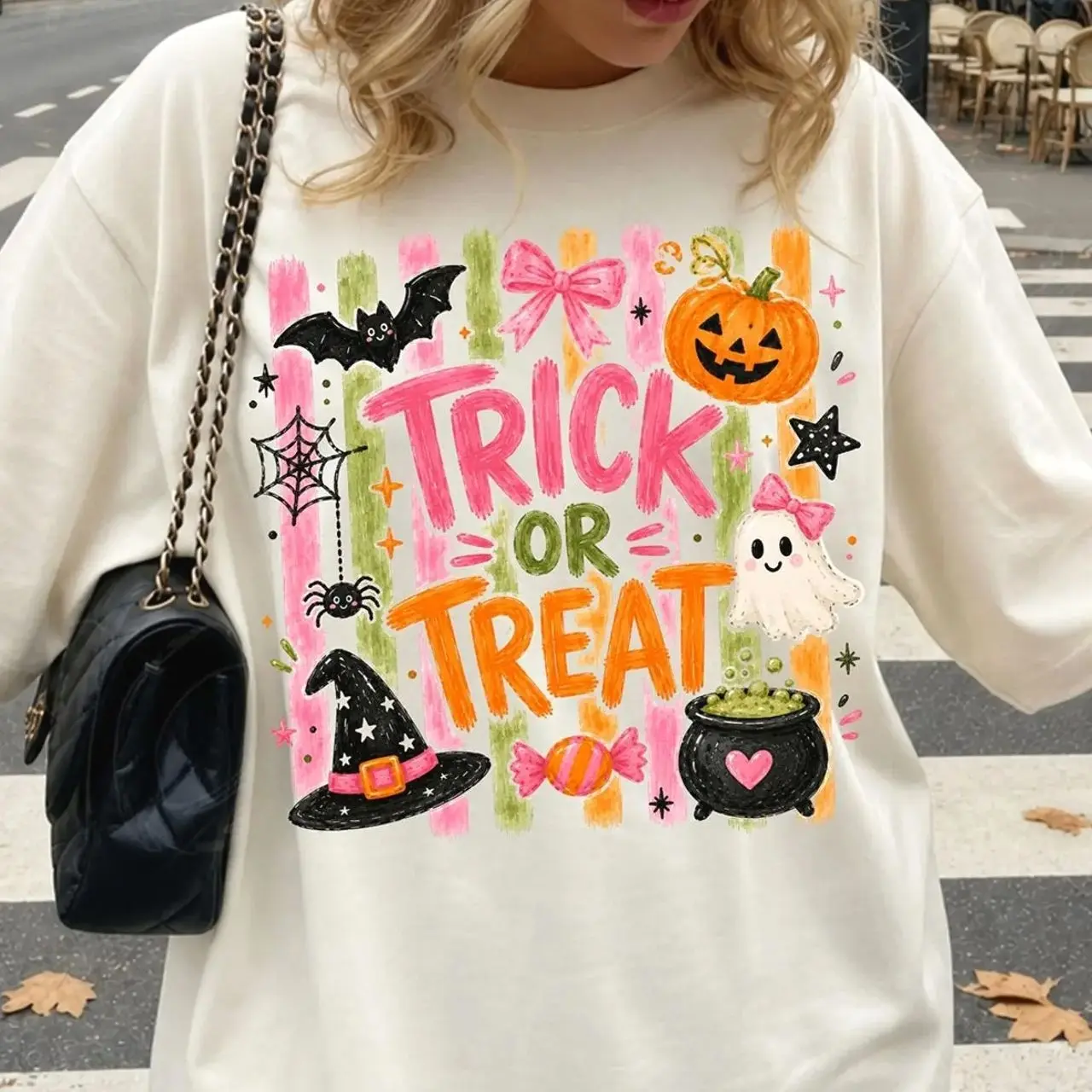 Striped Brushstroke Halloween Shirt, Girly Trick Or Treat Shirt, Trendy Ghost Shirt, Pumpkin Season Shirt, Unisex Comfort Color T-Shirts - Squirrel Corner