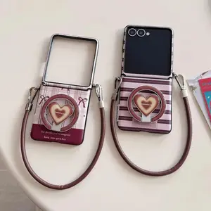 Korean Cute Bow Knot Magnetic Phone Case For Samsung Galaxy Z Flip 7 6 5 Z Flip6 Flip7 Cover with Magsafe Stand Rope Hinge Cases