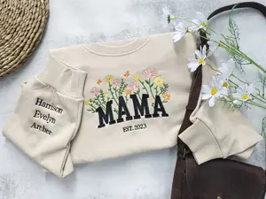 Custom Mama Floral Embroidered Crewneck Sweatshirt, Custom Mama Shirt With Kids Names, Heart On Sleeve Sweatshirt, Gift For New Mom, Mother's Day Gift, Mama Embroidered Hoodie