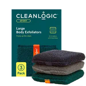 Cleanlogic Sport Large Body Exfoliator - Deep Cleansing Body Scrubber for Men & Women 3 Pack Personal Cloth with Braille for Inclusive Wellness Bath Shower