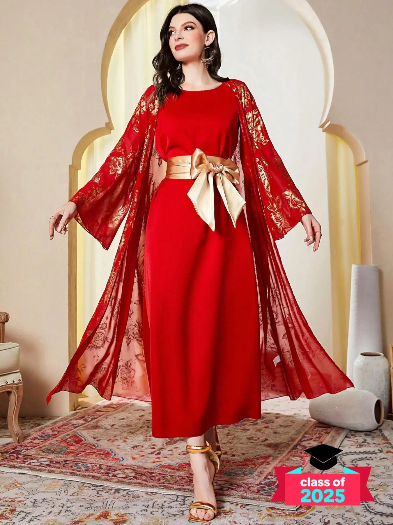 Women's Embroidery Long Sleeve Open Front Abaya & Dress Two-piece Set, Modest Two-piece Outfits for Daily Wear, Ladies Islamic Clothing for All Season